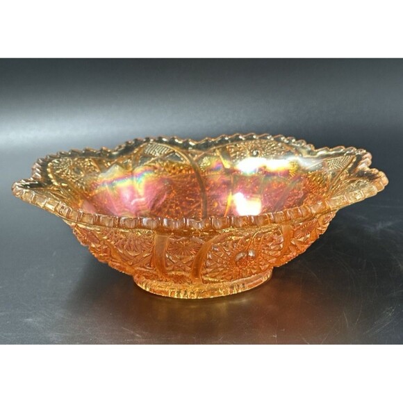 Vintage Iridescent Amber Sunflower Orange Carnival Glass Bowl Scalloped Edges - Picture 3 of 11